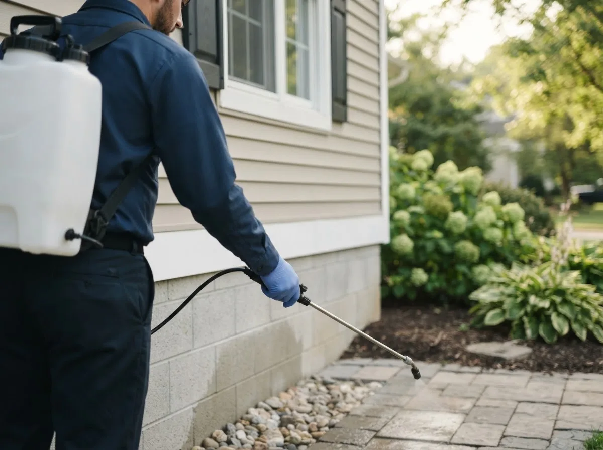 Pest control technician inspecting a home in Kiefer, OK